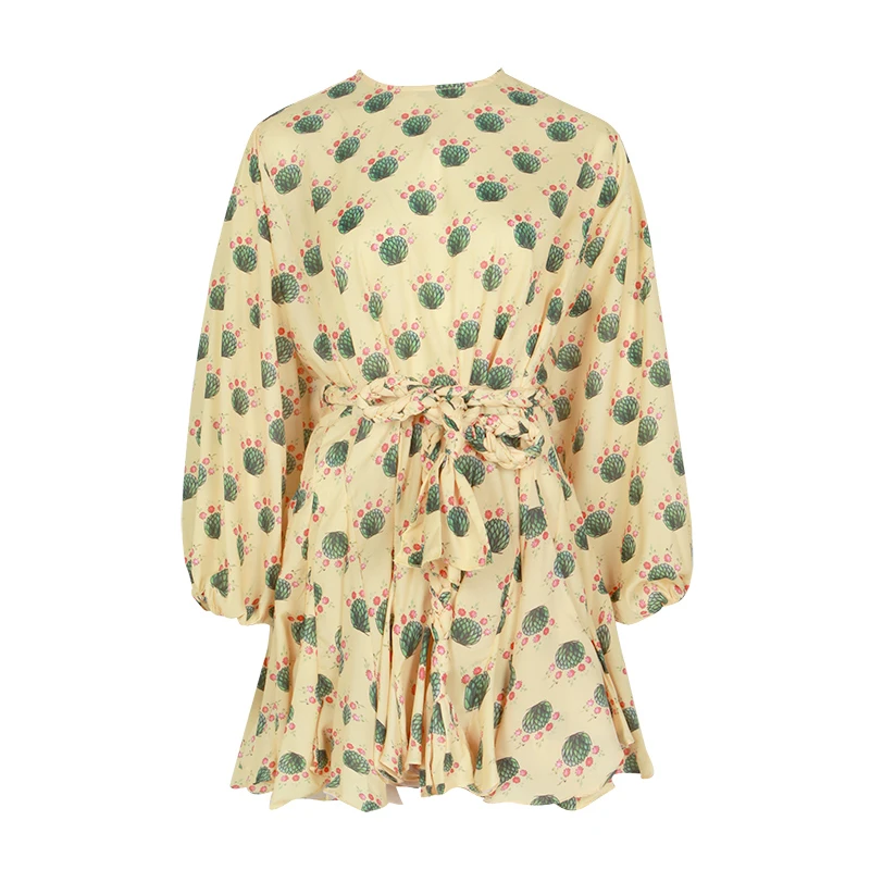 

VGH Multi-color Hit Colors Print Dresses Women Long Sleeve O Neck High Waist Lace Up Female Dress Spring Casual Fashion 2020