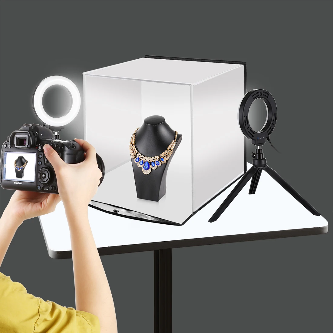 

PULUZ 30cm Photo Softbox Portable Folding Studio Shooting Tent Box + 4.6 inch Ring LED Light Kits with 6 Colors Backdrops