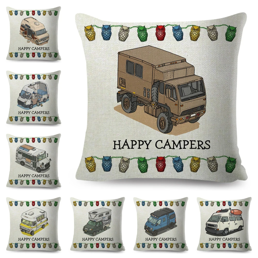 

Happy Camper Van Life Pillow Case Decor Cartoon House Travel Car Cushion Cover for Sofa Home Children Room 45x45cm Pillowcase