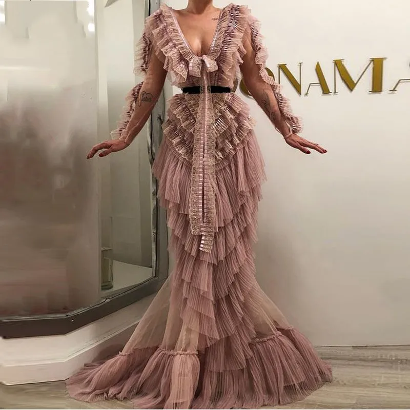 Женское вечернее платье с юбкой годе длинным рукавом и V образным