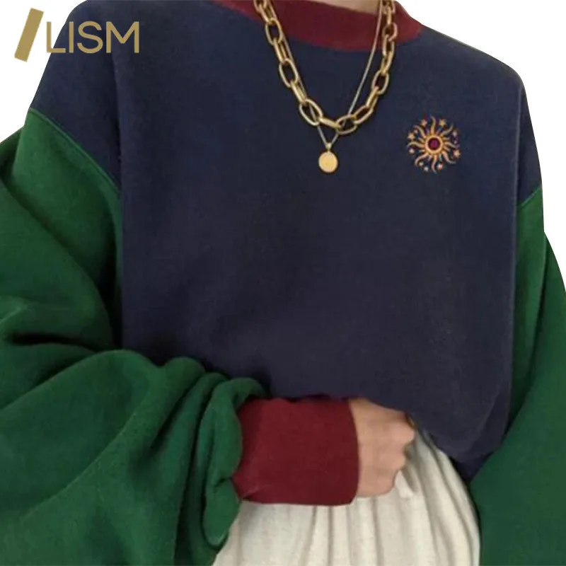 

LISM Vintage Skull Letter Printing Crewneck Hoodies Sweatshirt Patchwork Crop Tops Women Harajuku Long Sleeve Women Clothes