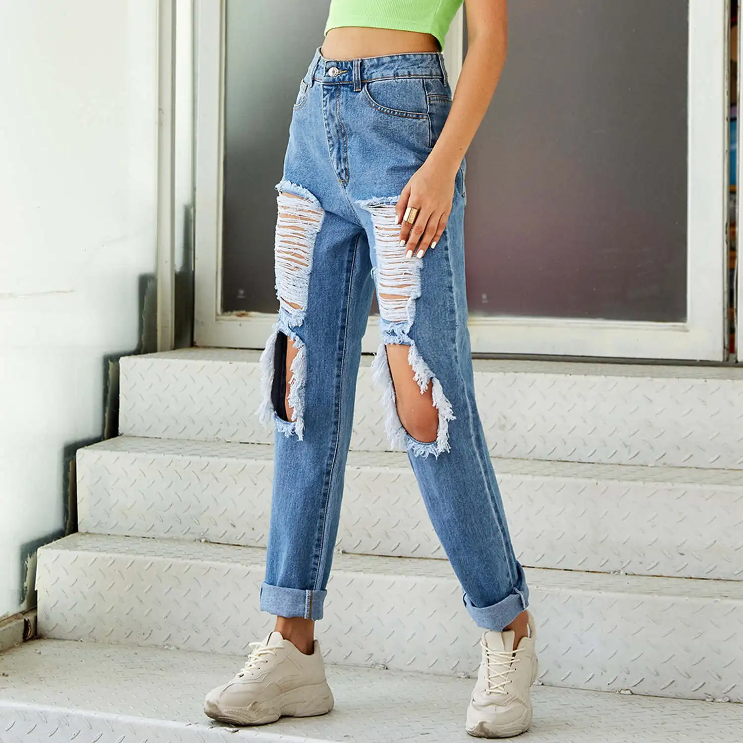 

Summer Autumn Blue Denim High Waisted Jeans Women's Straight Tube Distressed Ripped Denim Pants Comfy Jeans