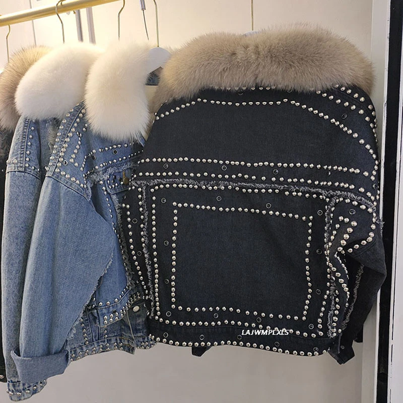 2021 натуральный Лисий мех воротник джинсовое пальто пуховик женский зимний 90%