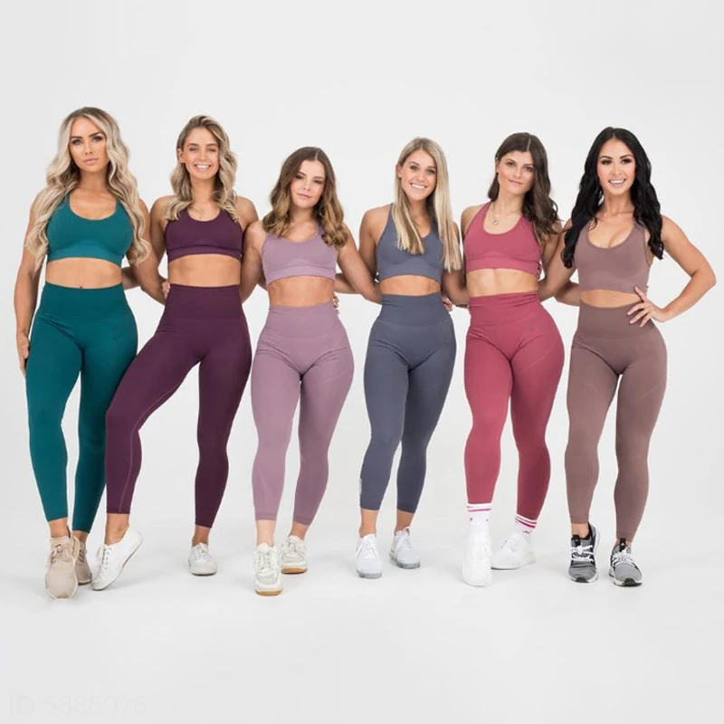 

Yoga Sets Women's 2 Piece Set Leggings + Elastic Sports Bras Woman Gym Clothing Fitness Sportswear Workout Seamless Sports Suits