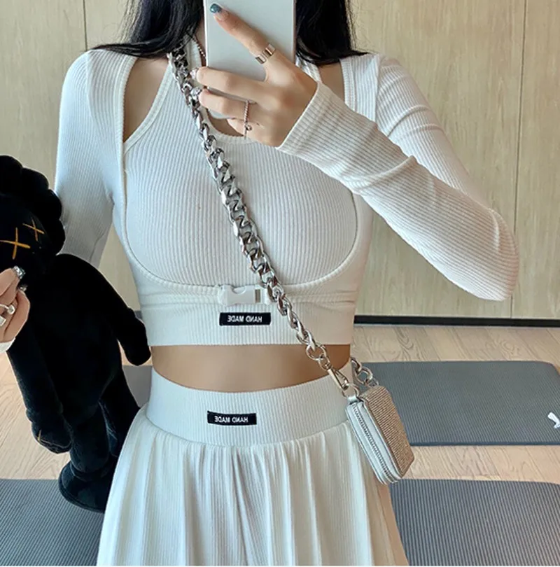 

2021 spring Casual women 2 Piece Sets Women Solid Tracksuit Long Sleeve Short Tops + High Waist Long pants Suit