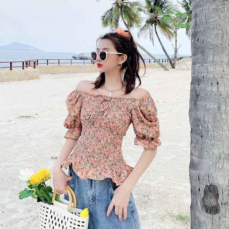 Сексуальная футболка с открытыми плечами и рюшами летняя новая однотонная