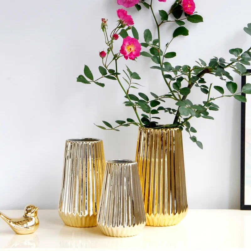 

Simple Nordic gold ceramic vase Modern home decoration Embossed flower inserted into desktop porch