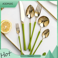 gold dinnerware set with green handle stainless steel cutlery spoon fork knife dinnerware dinner set western tableware teaspoon