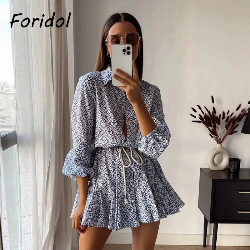 

Foridol Button Up Vintage Blue Dress Women Long Sleeve A-line Shirt Dress Spring Autumn Sash Boho Short Beach Dress 2021