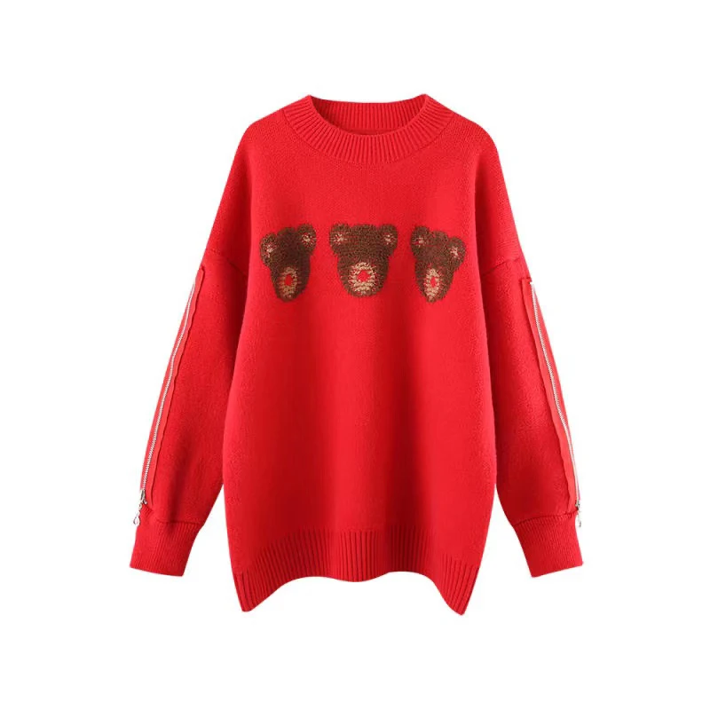 

Women Winter New Fashion Cute Cartoon Unique Design Long Sleeve Red Sweater Office Lady Casual Loose Round Neck Pullover Jumpers
