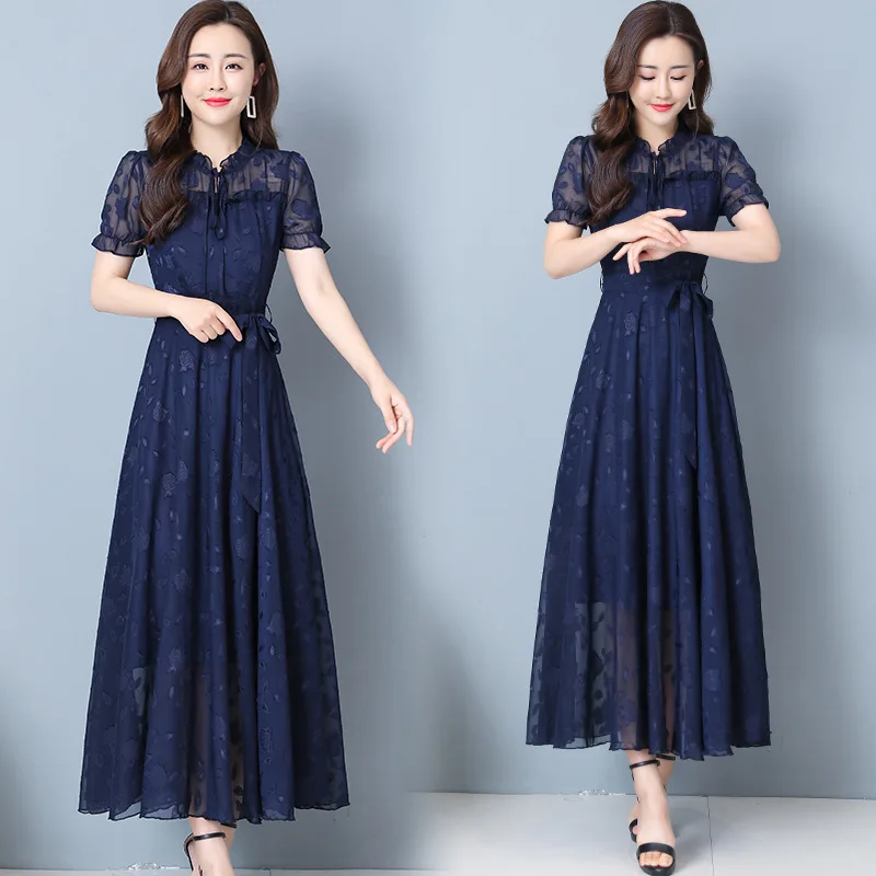 

Korean version of large-size lotus leaf collar slim short-sleeved jacquifier chiffon dress big swing long dress girl