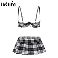 adult womens apparel lingerie set school girls gleeing costume fancy clubwear spaghetti straps open cup bra top with mini skirt