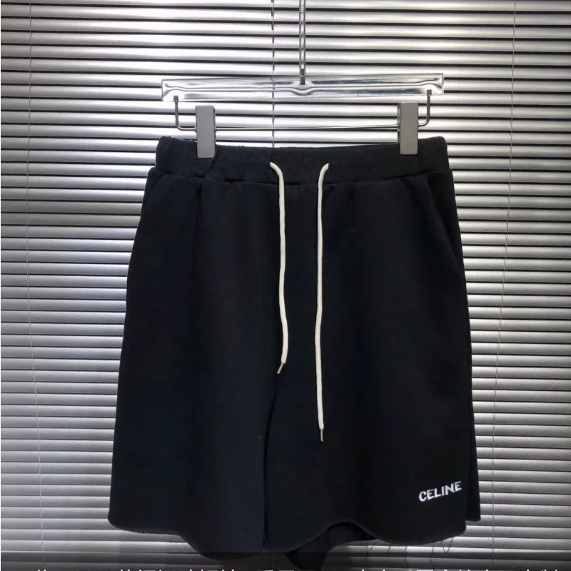 

2021 Student French casual elastic waist drawstring tie 5 points library embroidery logo raw edge knitted wide leg shorts women