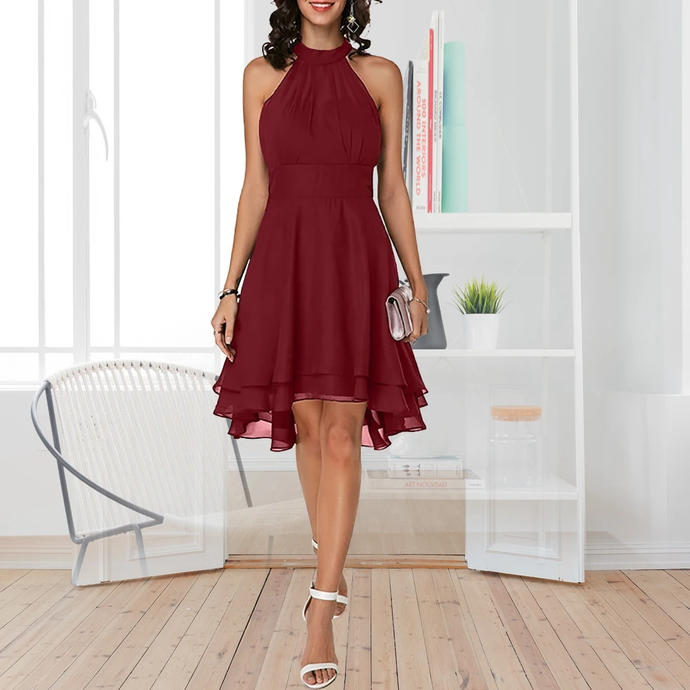 

2021 Summer New Elegant Women High Waist Halter Sleeveless Dress Cropped Layered Solid Color Chiffon Party Slim Mini Dresses