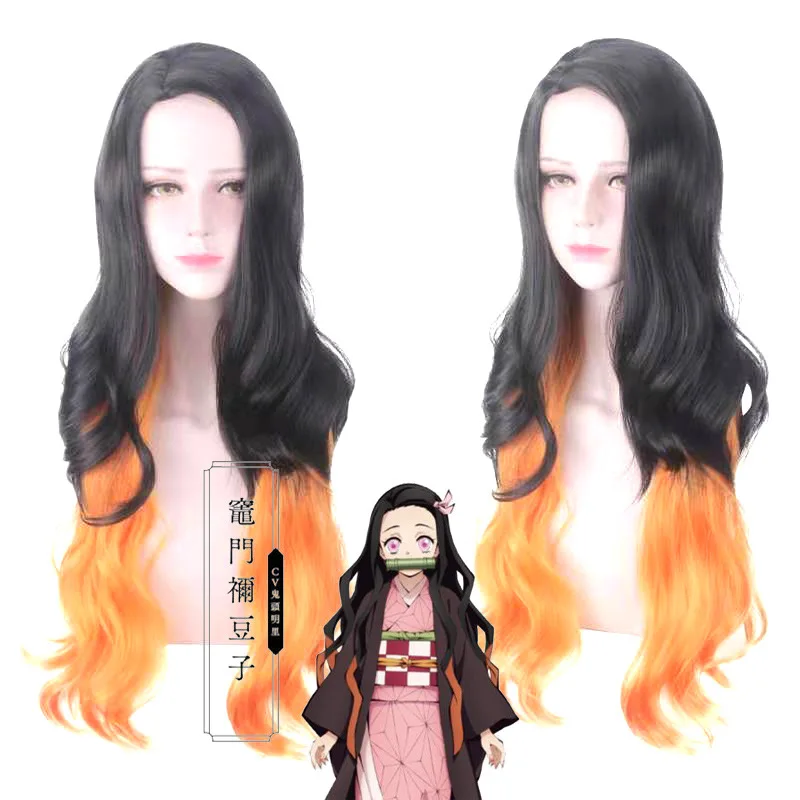 

High Quality Demon Slayer Kimetsu no Yaiba Nezuko Kamado Wigs long wavy Wig Heat Resistant Synthetic Hair Cosplay Costume Wigs
