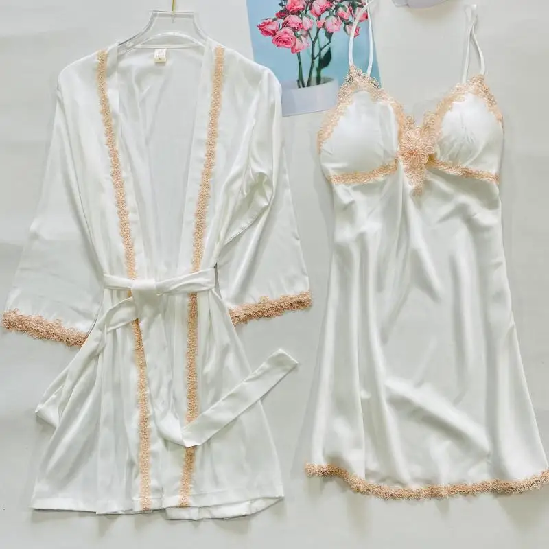 

Lace Trim Kimono Robe Gown Sexy Twinset Bathrobe Suit V-Neck Intimate Lingerie Wedding Comfy Nightwear Summer Chemise Sleepwear