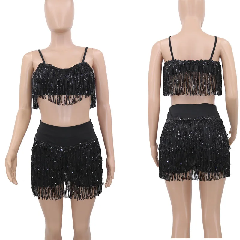 

Sexy Sequin Two Piece Set Women Party Club Outfits Festival Clothing Tassel Crop Top and Shorts Set Autumn 2 Piece Matching Sets