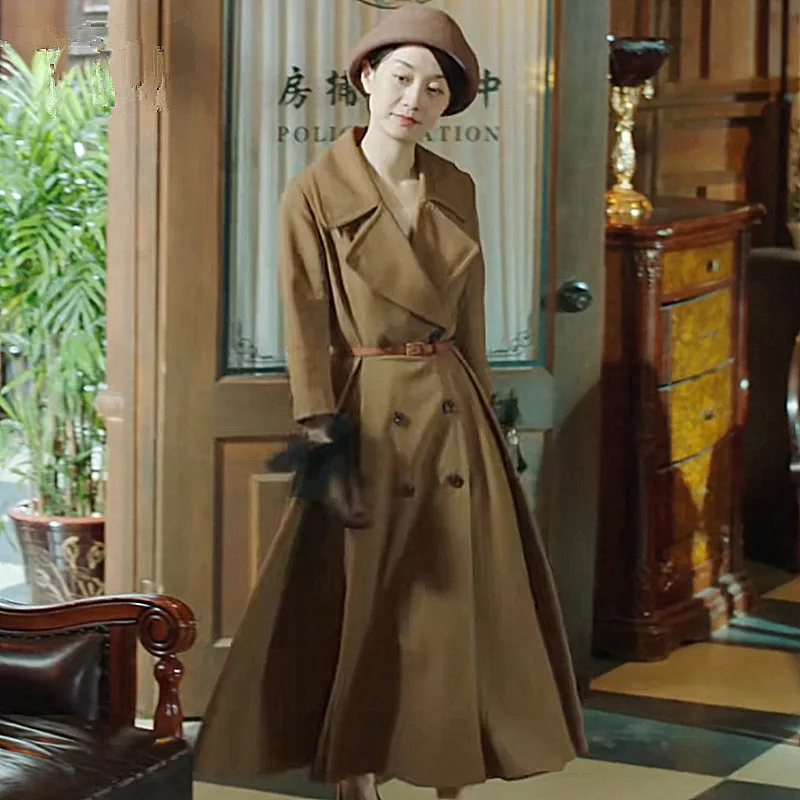 

Винтажный Длинный Женский Тренч цвета хаки 2020 модный двубортный Тренч с отложным воротником классический Тренч с поясом Верхняя одежда