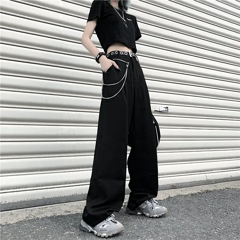 

В стиле готик-панк брюки Для женщин в стиле «хип-хоп» с черными широкими штанами, с цепочкой хиппи размера плюс Японская уличная одежда своб...