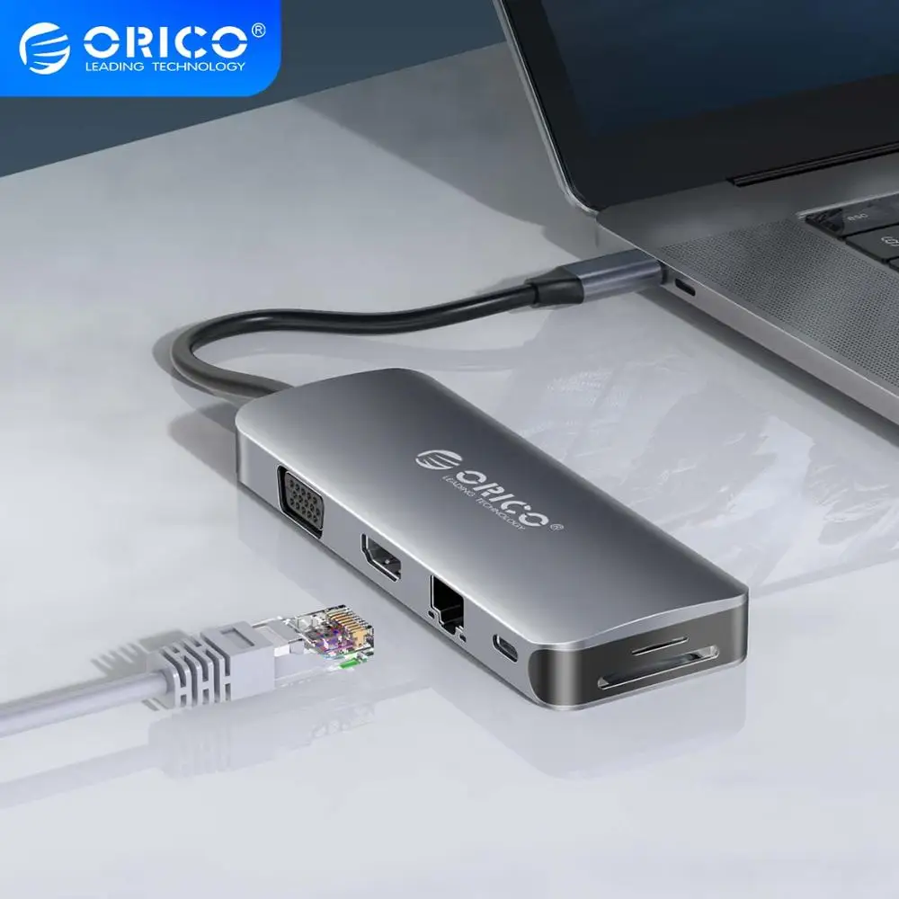 USB C Концентратор ORICO для нескольких 3 0 HDMI 100 Вт PD RJ45 кардридер 5 мм аудио адаптер док