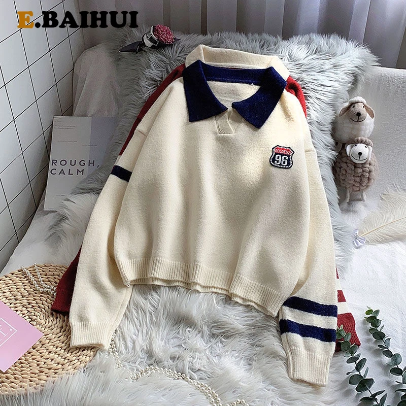 

Женские короткие свитера EBAIHUI, однотонные Джемперы, новинка весны 2021, шикарные пуловеры с отложным воротником в стиле Харадзюку, женская оде...