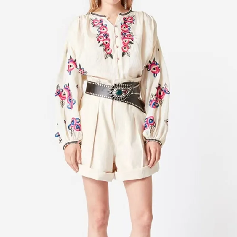 

Women Floral Embroidery Shirt Front Buttons O-Neck Long Sleeve Vintage Spring Summer Female Blouse New 2022