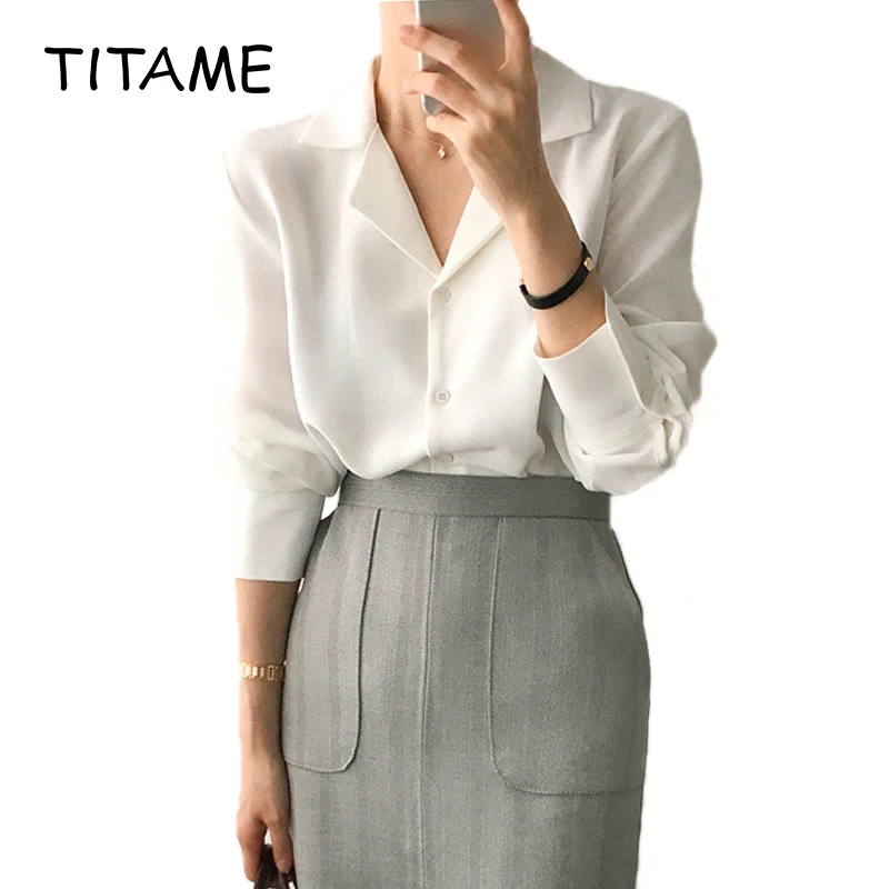 Женская рубашка TITAME блузки однотонная белая шифоновая блузка Офисная модные