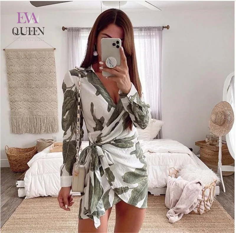 Элегантное платье EvaQueen с принтом листьев V образным вырезом высокой талией
