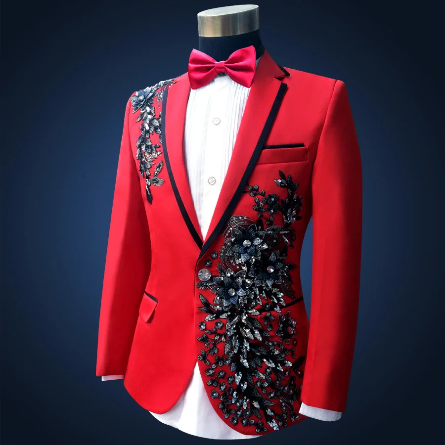 Красный костюм с блестками и бусинами сценический высокого качества для мужчин