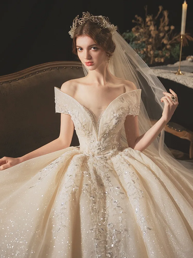 

Женское свадебное платье со шлейфом GY, роскошное блестящее бальное платье цвета шампанского с блестками, элегантное бальное платье с вырез...