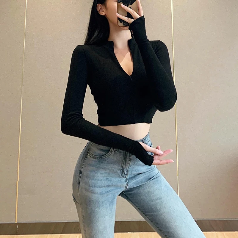 

Harajuku Gothic Long Sleeve Black Tops Streetwear Punk Turtleneck Bodycon Crop Top Women Autumn Fashion Zipper T Shirt