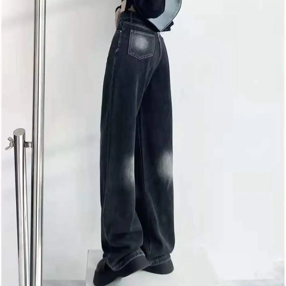 

Black Contrast Denim Straight Leg Pants Female Autumn Korean Style High Waist Loose Wide Leg Pants Student Trousers Baggy Jeans