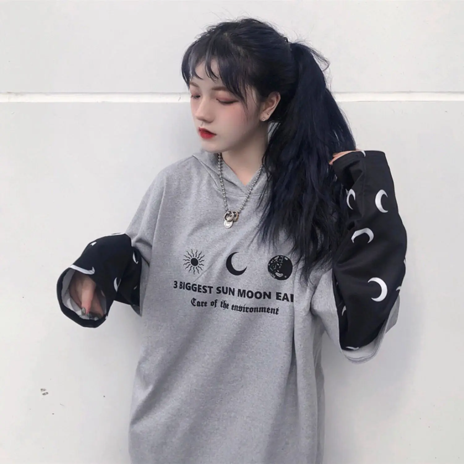 Harajuku уличная Винтажная Футболка для женщин, одежда, осень, корейский Ulzzang, с принтом, с капюшоном, Футболки женские, полный поддельные два топа