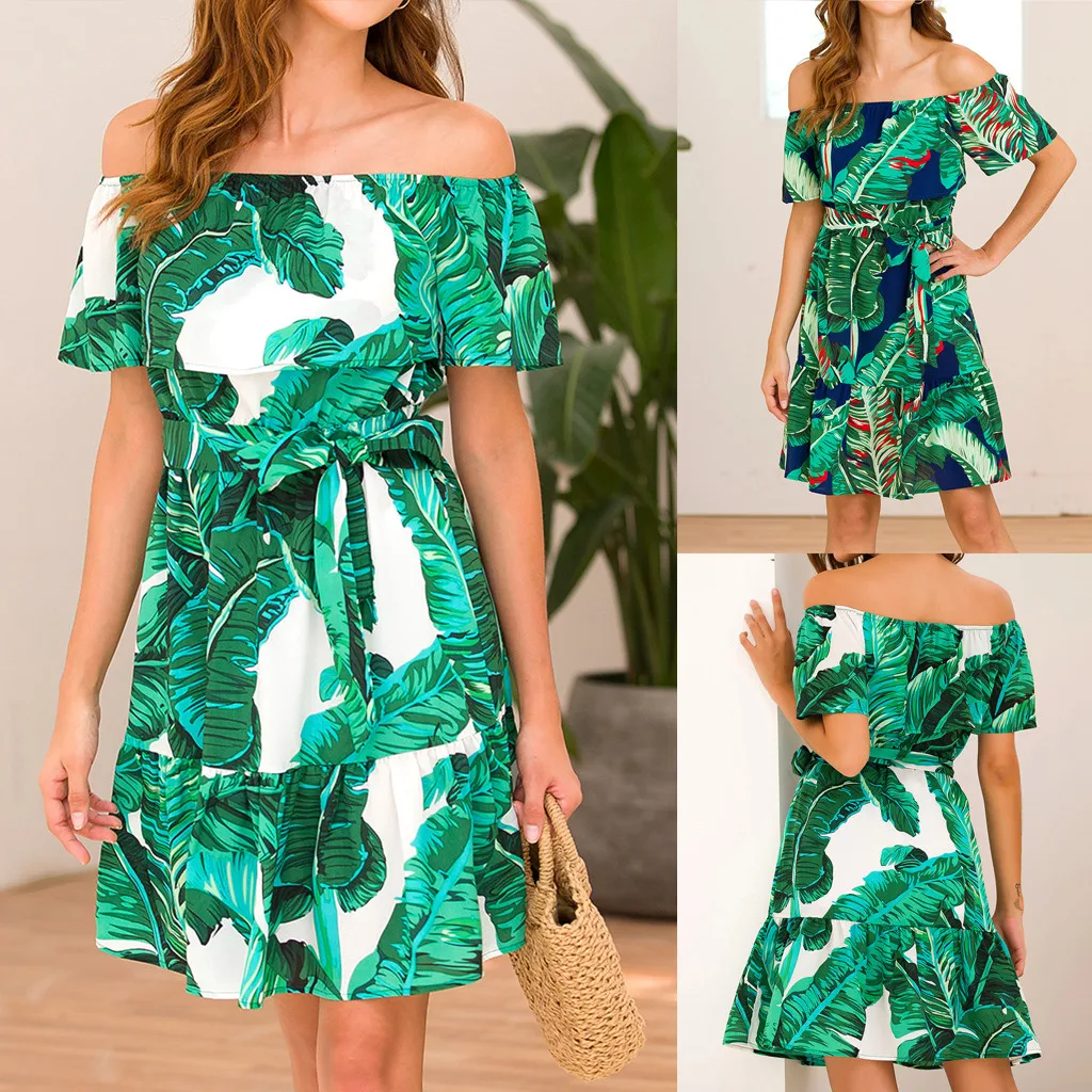 Модное повседневное плиссированное платье с открытыми плечами и принтом в виде