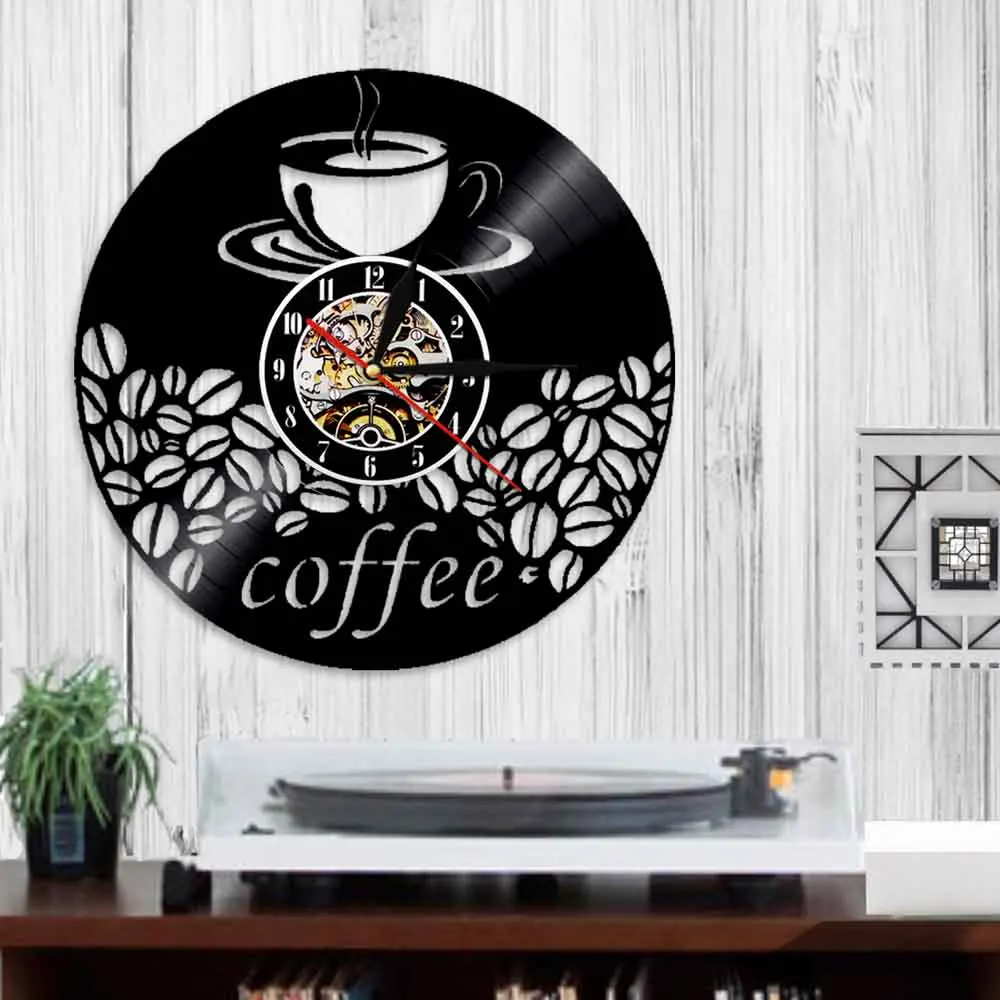 Настенные часы с виниловой записью в виде кофейных зерен|Настенные часы| |