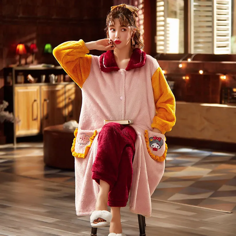 

Новинка 2021, осенне-зимние женские пижамные комплекты, одежда для сна, костюм, плотная теплая фланелевая ночная рубашка кораллового цвета, ми...