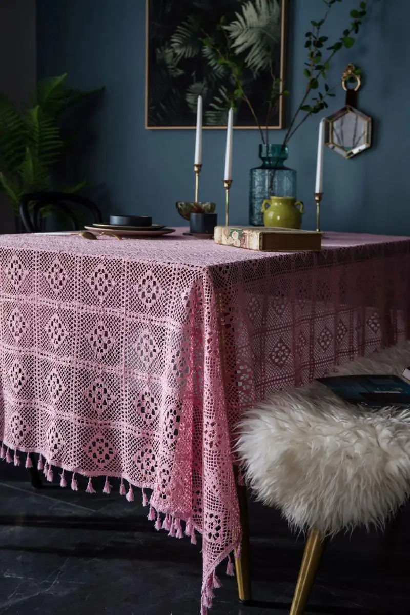 Ретро американская скатерть трикотажная ажурная чернильно зеленая ручной