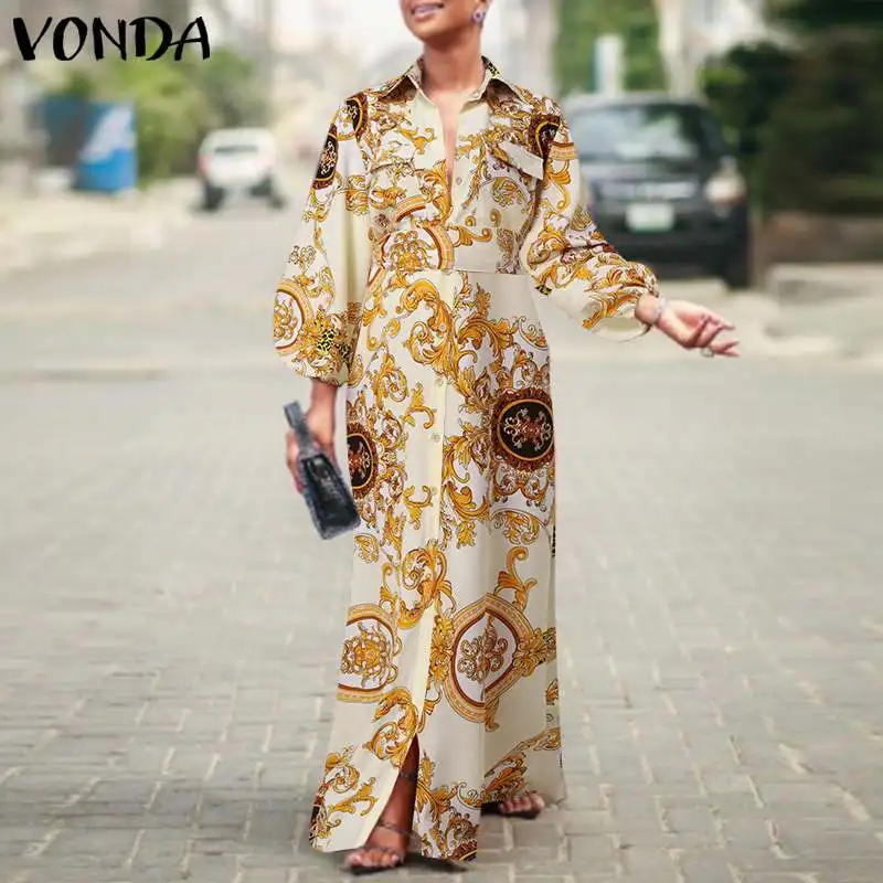 

Autumn Shirt Dress 2022 VONDA Women Vintage Floral Printed Lapel Dresses Casual Long Sleeve Vestidos Party Sundress Femininos