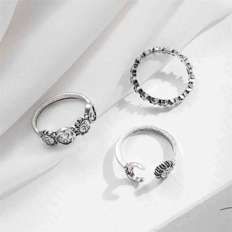 

New Creative Star And Moon Shape Opening Adjustable Ring 3-Piece Set Retro Hip-Hop Style Girlfriend Gift Women’s Party Jewelry
