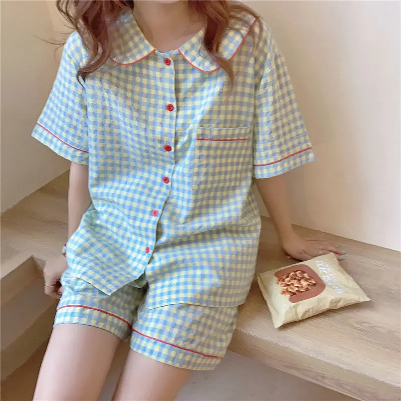 

Korean Women Pajamas New Summer Cute Plaid Pyjamas Kawaii Lapel Pijama Soft Plus Size Sleepwear Two Piece Sets Sweet Home Suit