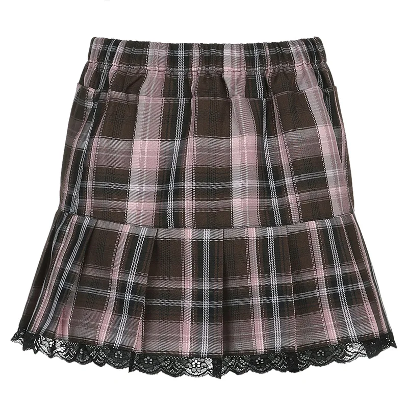 

Gothic Fashion Plaid Printed Pleated Skirts High Waist A-Line Lace Patchwork Mini Skirt Women Slim Partywear Clothing