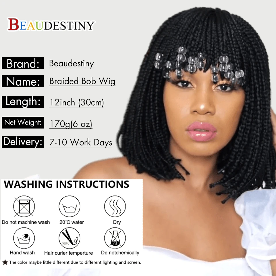 

Short Bob Braided Box Braids Wig With Bangs Heat Resistant Crochet Braided Bob Wigs For Black Women Synthetic Braiding Hair Wig