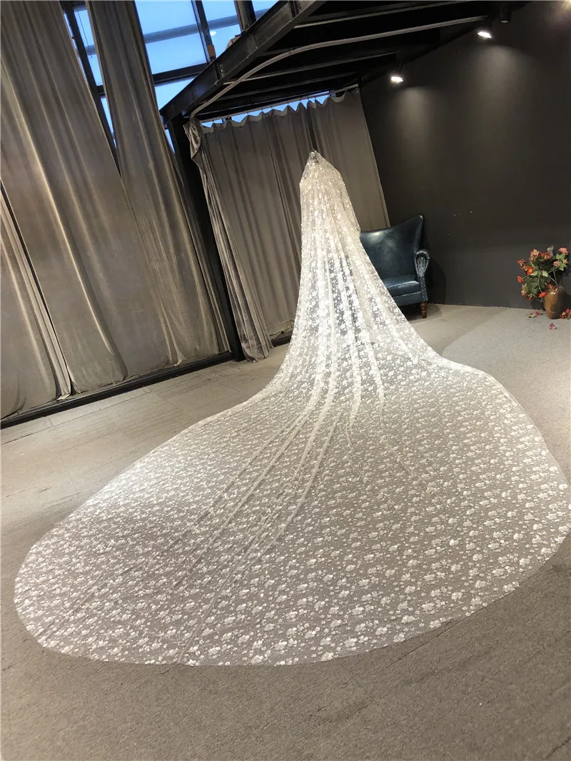 

100% Real Photos High Quality Luxurious Heavy Pearls and Pipes Beads 5 Meters Ivory Tulle Bridal Wedding Veil Accessories