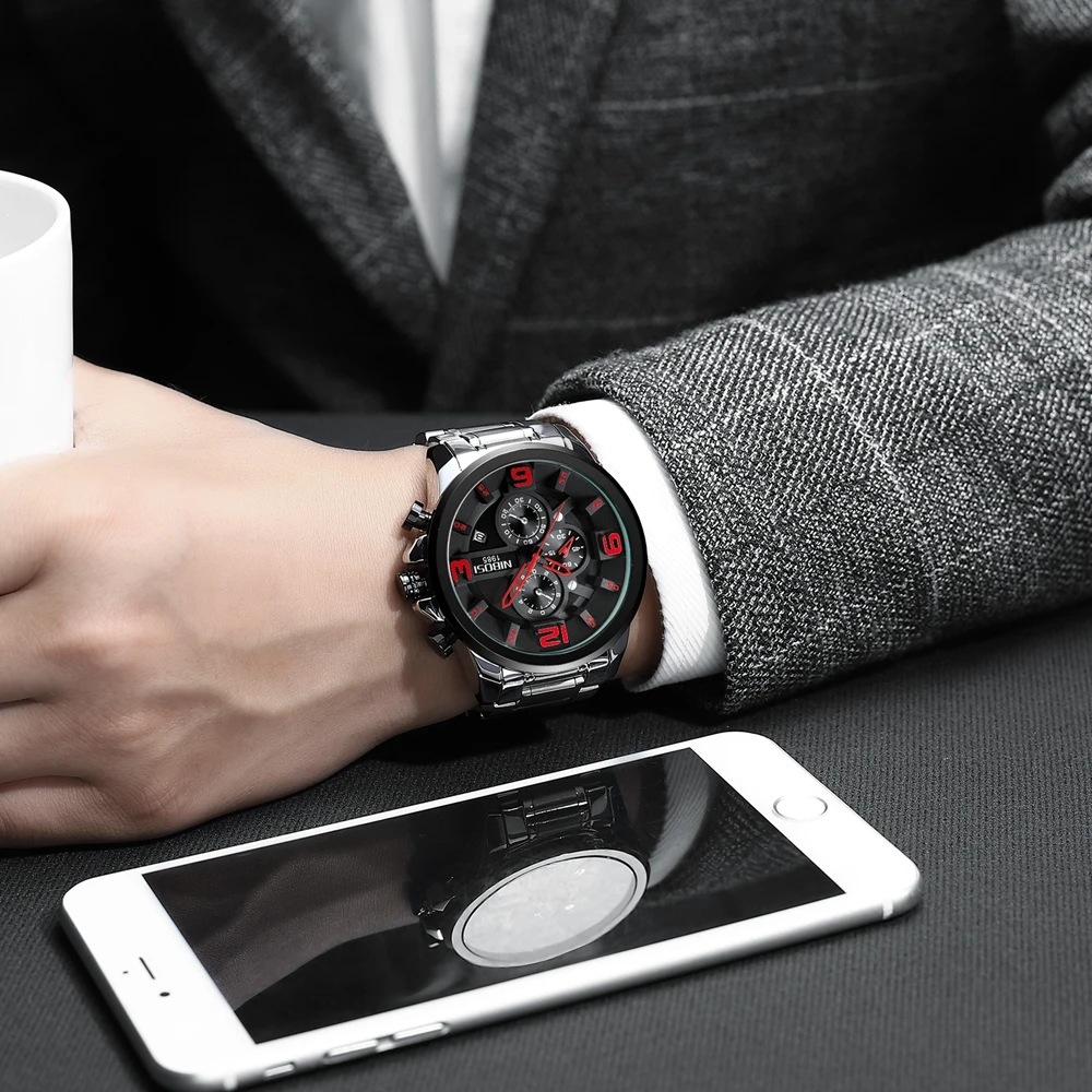 

NIBOSI Brand Mens Watches Luxury Stainless Steel Quartz Men Watch Sports Chronograph Wristwatch Big Dial Clock Relogio Masculino