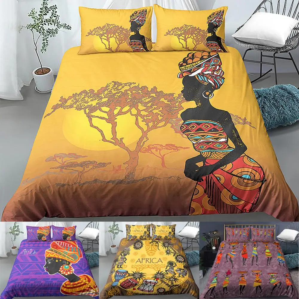 

African American Bedding Colorful Afro Duvet Cover Black Women in Ethnic Dress Bed Set Purple Tribal Bedspreads Modern Bedding