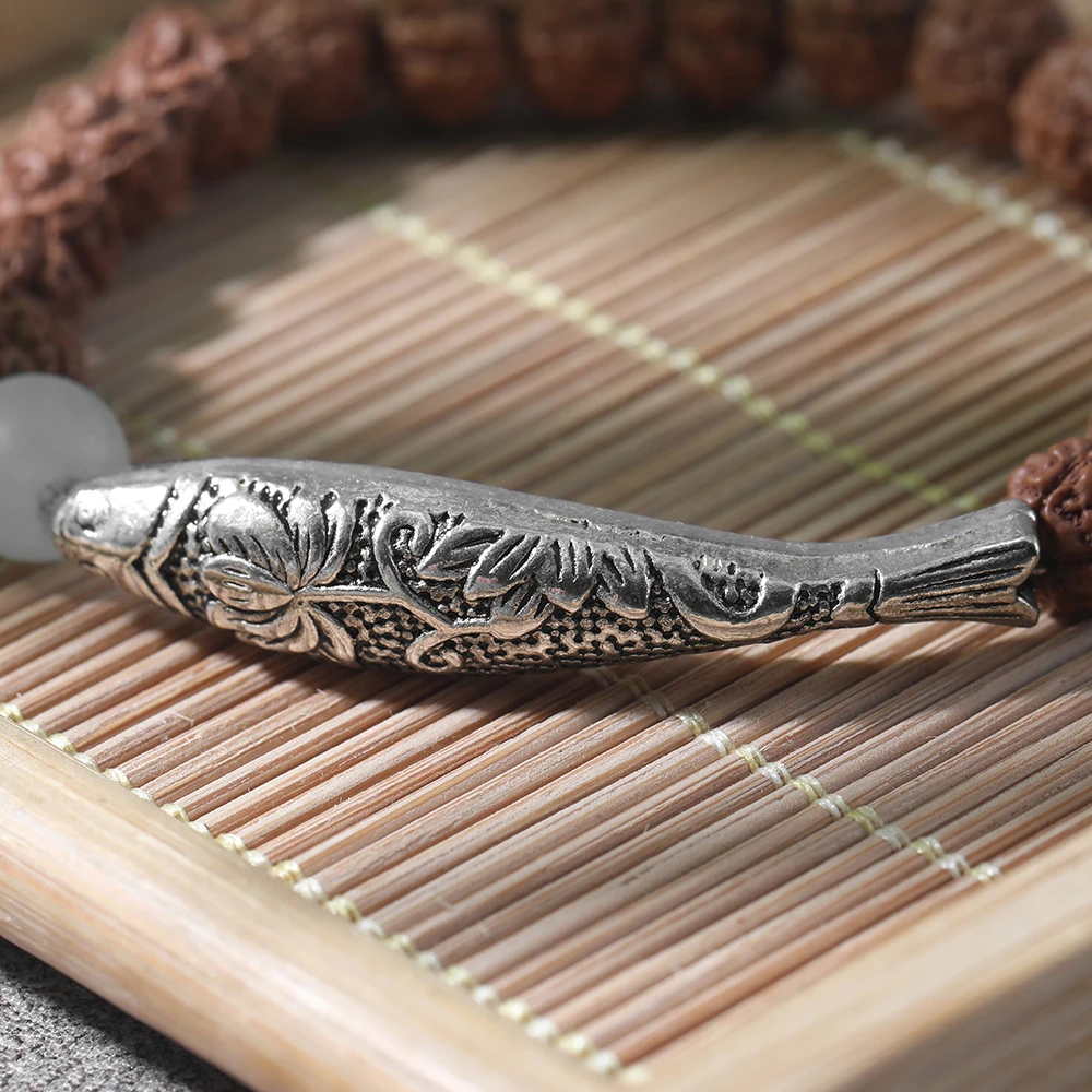 Rudraksha бусины Длинные трубки полые рыбки эластичный браслет для мужчин и женщин