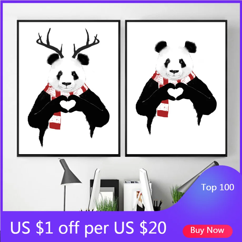 Иллюстрация панда ручной работы в форме сердца рога настенный художественный