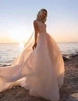 bohemian boho wedding dresses 2021 lace tulle a line cap sleeves open back bride dress bridal gowns beach long sweep train