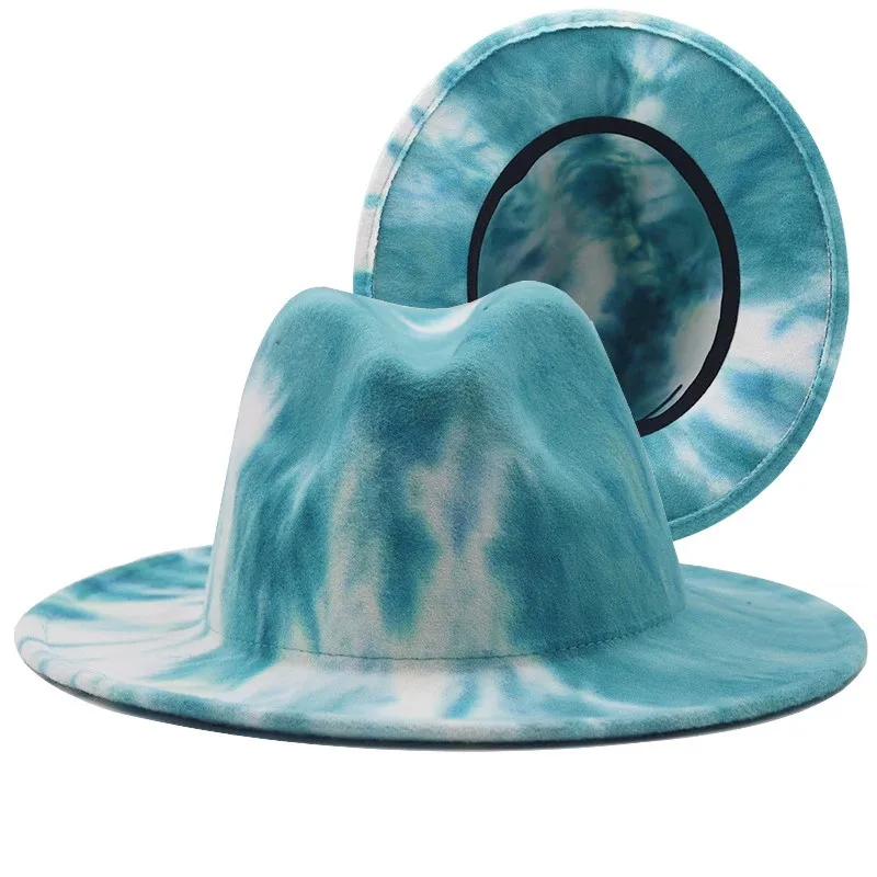 

Double Side Tie Dye Wide-Brim Wool Felt Fedoras Hats Gentleman Elegant Wide Brim Blend Jazz Panama Trilby Caps