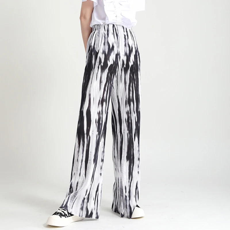 

CHICEVER Straight Casual Pants For Women High Waist Loose Tie Dye Hit Color Side Split Trousers Female Fashion Clothing 2021 New